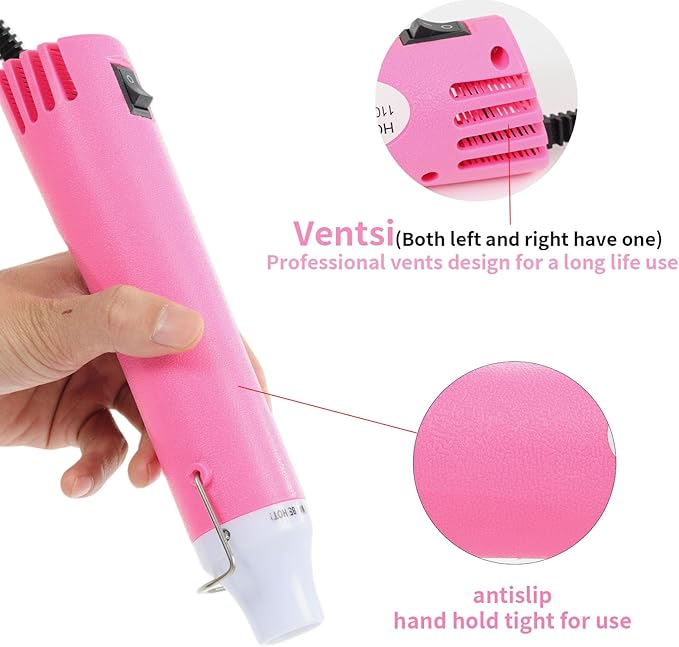 Heat Gun for Crafting, 110V 300W Handed Hot Air Gun, 3.28FT Ultra-Long Cable Portable Heat Gun with Stand and Power Cord for Shrinking Wrapping PVC, DIY Embossing and Drying Paint (Pink)