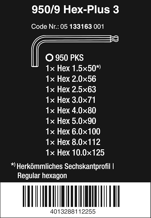 Wera 05133163001 950/9 Hex-Plus 3 L-key set, metric, chrome-plated, 9 pieces