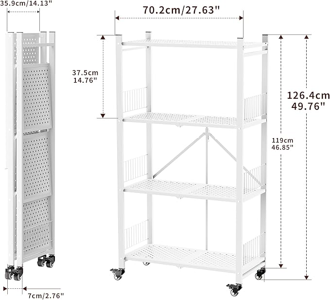 4-Tier Metal Foldable Shelf Shelving Rack Organizer on Rolling Wheels in Kitchen, Pantry, Warehouse, Patio, Basement, Dorm, Garage, RV