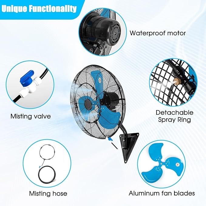 Bestronair 20" Wall Mount Fan with Misting, 7100CFM Wall Fan 3 speed, 120° Oscillation Industrial Wall-Mounted Fans High Velocity for Garage Workshop Patio Factory Greenhouse Commercial