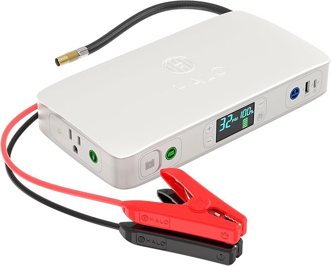HALO Bolt Ultimate 2 Portable Car Battery Jump Starter | 130 PSI Air Compressor, 55.5Wh USB Power Bank with AC Outlet, Emergency Floodlight & Charger, Jumps Cars SUVs & Trucks, Inflates Tires — Gray