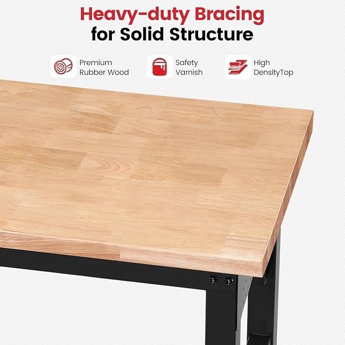 ENJOYWOOD 60" x 22" Rolling Workbench Adjustable Height Work Table with Wheels, Under Table Shelf, Pegboard & Power Outlets Heavy Duty Rubberwood Top for Garage, Office & Home