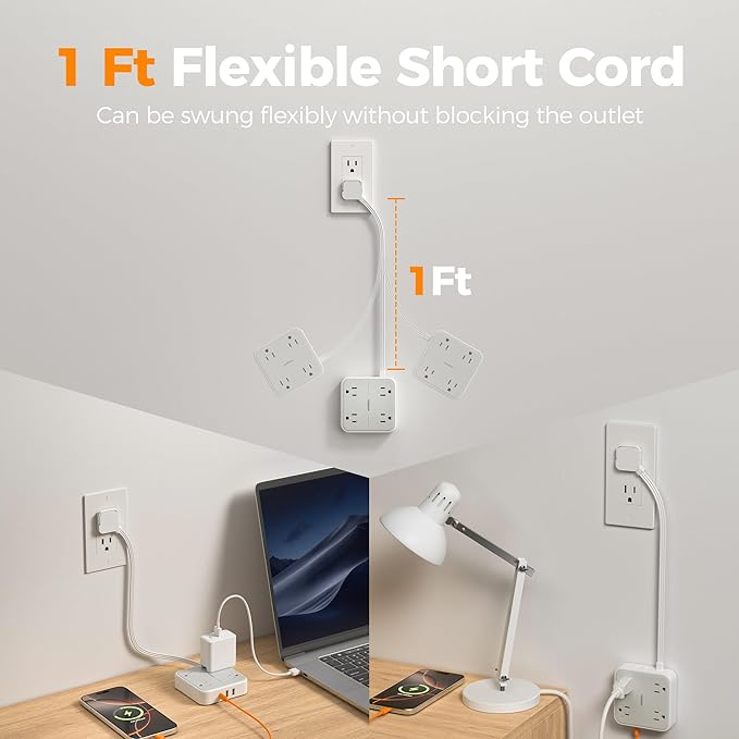 TESSAN Surge Protector Flat Extension Cord 1Ft, Ring Plug Power Strip with 4 Outlets 3 USB Ports (1 USB C), 900 Joules Protection, Multiple Wall Outlet Extender Suitable for Home Office Dorm, Grey