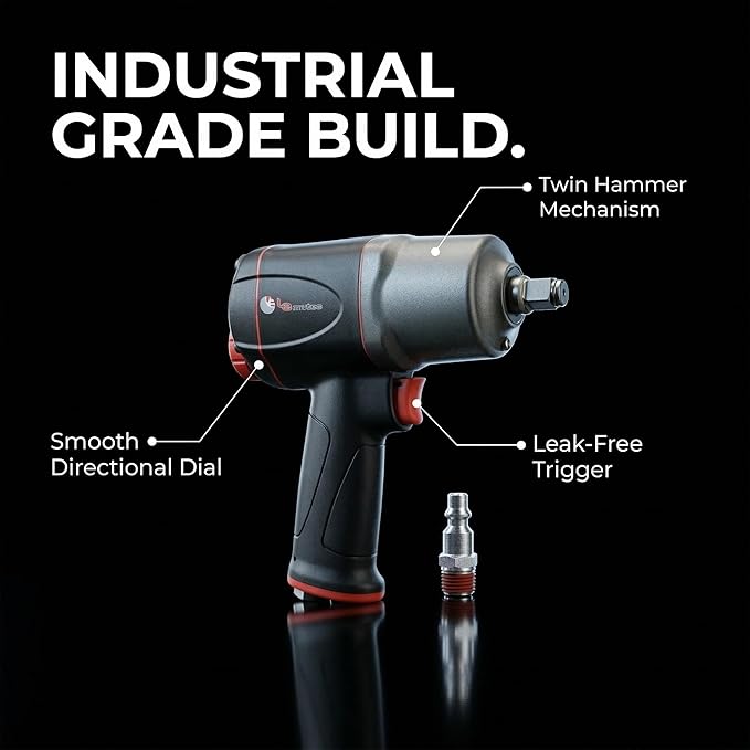 LE LEMATEC 1/2" Impact Wrench - High Torque 1000 ft-lbs, Twin Hammer Pneumatic Impact Gun, Lightweight Aluminum Housing, 8500 RPM for Auto Repair & Tire Shops - LE-IWT-R102
