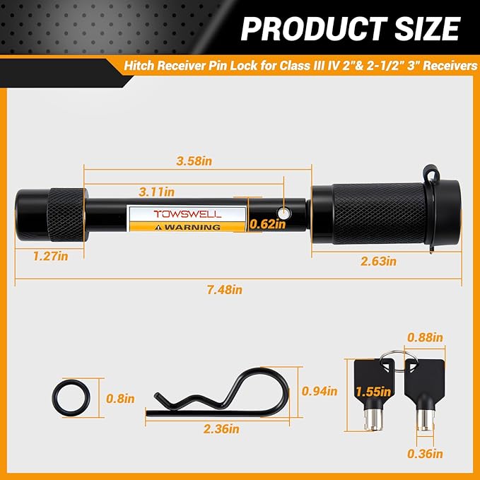 5/8" Trailer Hitch Lock Set with 90mm Span,Trailer Receiver Lock for Class III IV 2"& 2-1/2" 3" Receivers,Tow Hitch Lock with Keys for Trailer, Truck, Car, Boat, 2 Pack