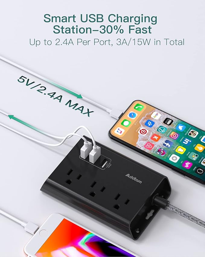 Addtam Power Strip ETL Certificate Flat Plug Extension Cord with 3 USB Ports, 5 Feet Braided Cord, Desktop Small Travel Power Strip for Cruise Ship, Home, Office Black