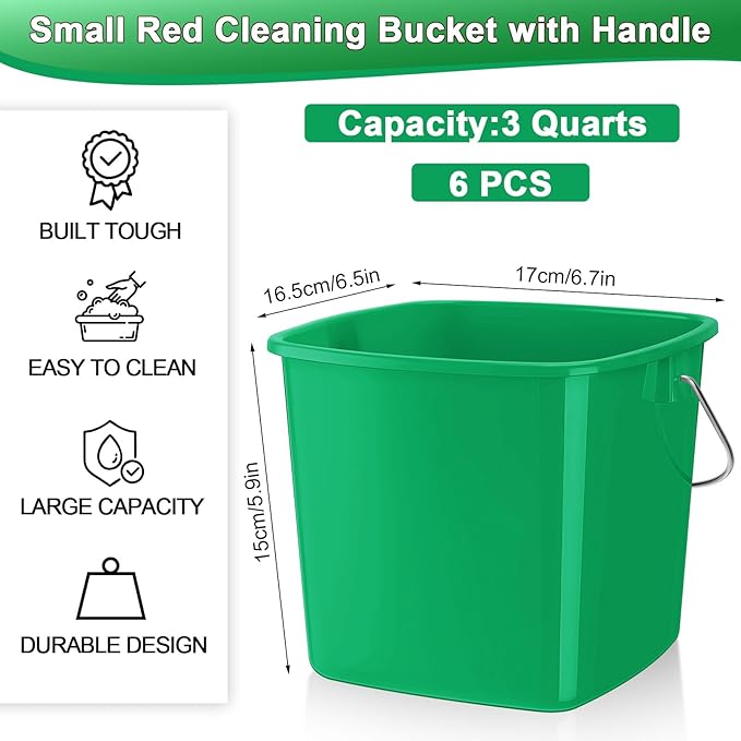 Zhehao 6 Pcs 3 Quart Bucket for Cleaning Small Sanitizer Bucket for Restaurant Square Plastic Pail with Handles for Home, Offices, Commercial Use, Food Service(Dark Green)