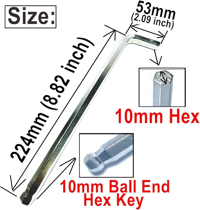 1pcs 10mm Ball End Allen Wrench sets,10mm Hex Key Wrench set,10mm ball end Hex Driver allen key Door Key L Shaped hex wrench set with Long Arm 224mm lengh.10mm ball end hex wrench