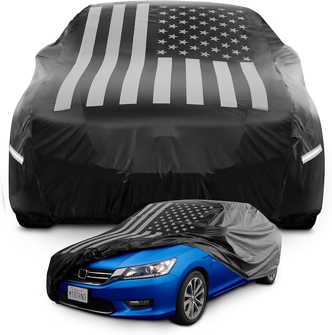 Motor Trend Black USA Flag Waterproof Car Cover - All Weather Outdoor Protection, UV Resistant, Windproof, Scratchproof - Semi-Universal Fit Sedan Full Car Cover for Sun Rain Snow (171”- 190” Length)