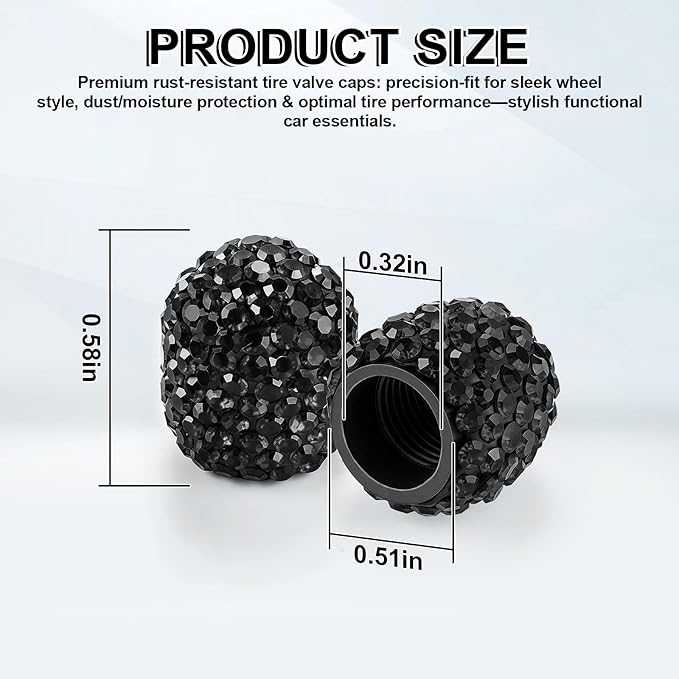 JUSTTOP 4 Pack Handmade Crystal Rhinestone Car Tire Valve Stem Caps, Wheel Valve, Attractive Dustproof Bling Accessories, Universal for Cars, Trucks and Motorcycles-Black
