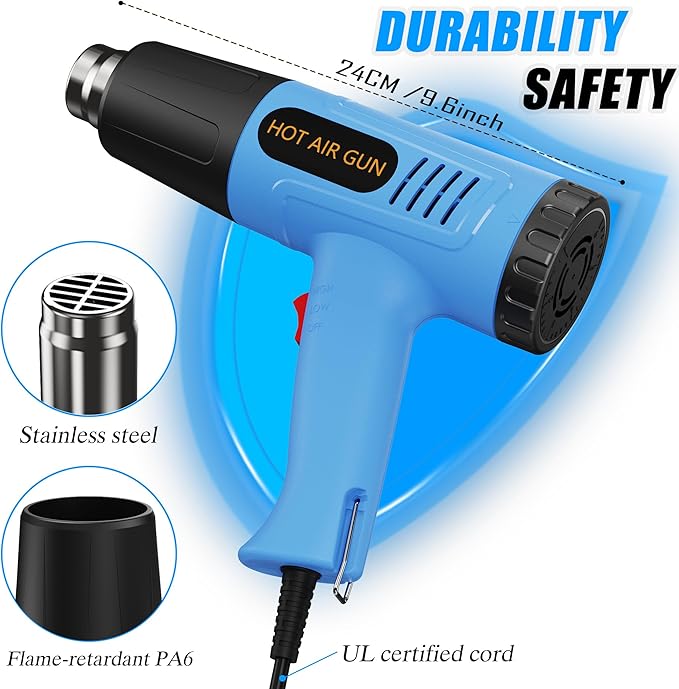 Heat Gun Toolbox Set 572 &1112 ℉ Temperature Control Adjustable 4 Nozzles Durable Fast Heating High Temperature Air Gun Overload Protection Suitable for Handmade, Heat Shrink Tube, Heat Shrink Film