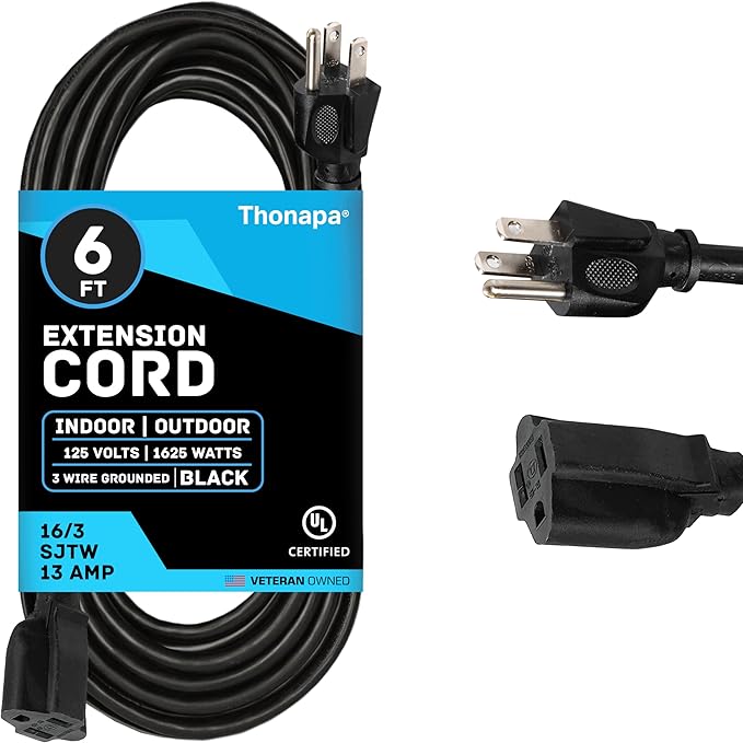 Thonapa 13 Amp Outdoor Extension Cord 6 ft, 16/3 SJTW 6 Foot Black Extension Cord 3 Prong, Weatherproof Exterior Power Cable for Outside Lights & Lawn, UL Certified - US Veteran Owned