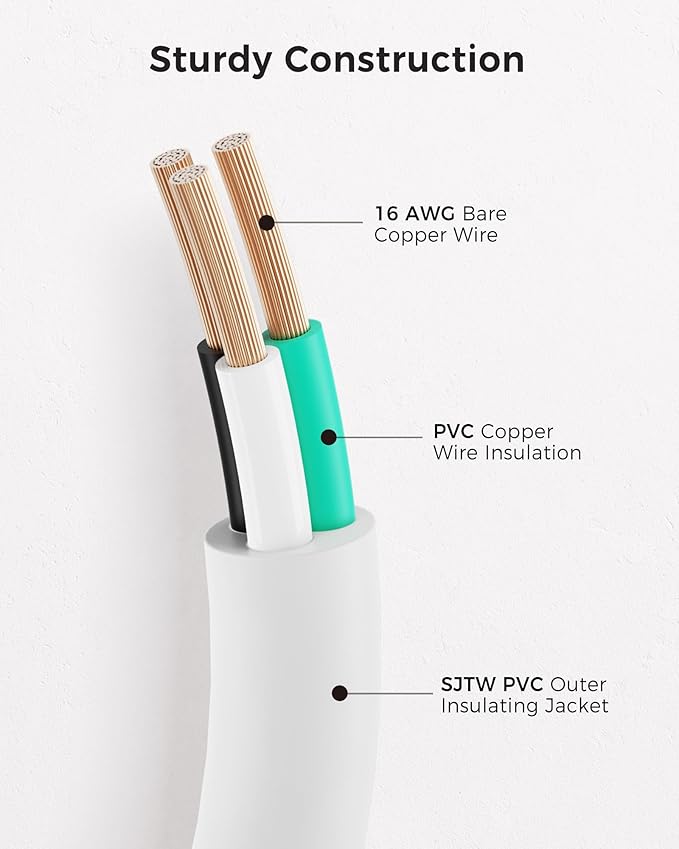Cable Matters [UL Listed] 2-Pack 16 AWG Heavy Duty 13A Power Extension Cord - 6ft, 3 Prong Power Cord Extension, NEMA 5-15P to NEMA 5-15R, White