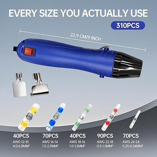 310PCS Solder Seal Wire Connectors Kit with Dual Temp Heat Gun, Heat Shrink Solder Butt Connectors Waterproof Electrical Terminals for Automotive Marine Boat RV Wiring Repair (310, Blue)