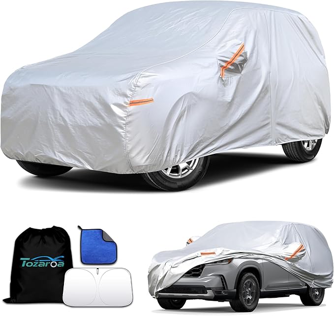 Car Cover Waterproof All-Weather,Heavy-Duty Outdoor Full Exterior Automobiles Snow Cover for SUV 191-201 inch,with Sun Visor,Anti-Scratch Cotton Lining & Zippered,Towel&Storage Bag