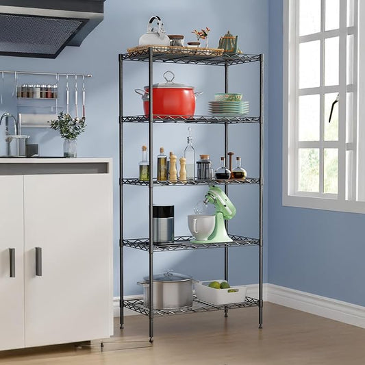 5-Tier Shelves Height Adjustable Storage Shelves Shelving Unit 11”Dx21”Wx48”H Wire Shelving NSF Certified Storage Shelf with Leveling Feet for Home Kitchen Garage, Black