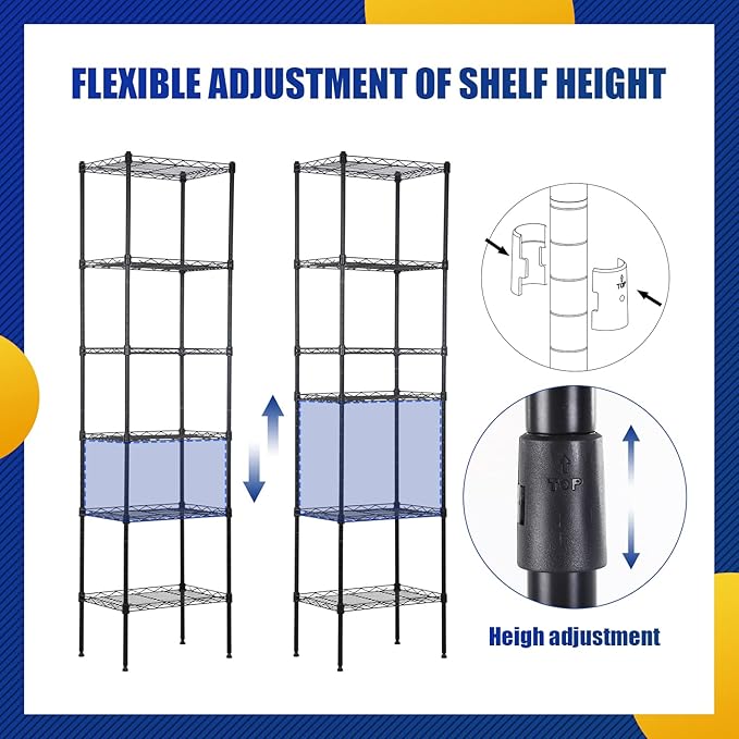 BestOffice Adjustable NSF-Certified Metal Shelf Wire Shelving Unit Storage for Small Places Restaurant Garage Pantry Kitchen Garage Rack (Black, 16.7L×11.8W×63.6H)