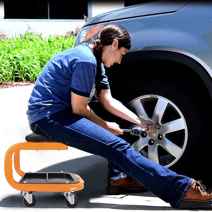 Heavy Duty Rolling Shop Stool, Mechanics Chair with Wheels, 400LBS Capacity Rolling Stool for Garage with Casters, Mechanics Roller Seat with Segmented Tool Tray and Comfortable Leather Cushion