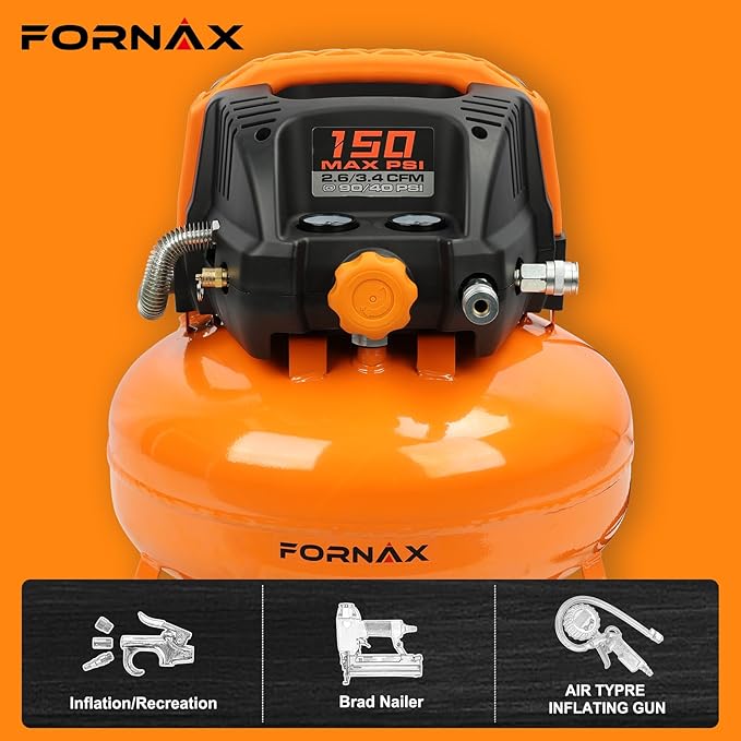 FORNAX Pancake Air Compressor with two couplers, 6 Gallon Portable Electric air compressor, 150 PSI, Oil -Free with 14 PCS Air Compressor Accessories Kit (Kits)