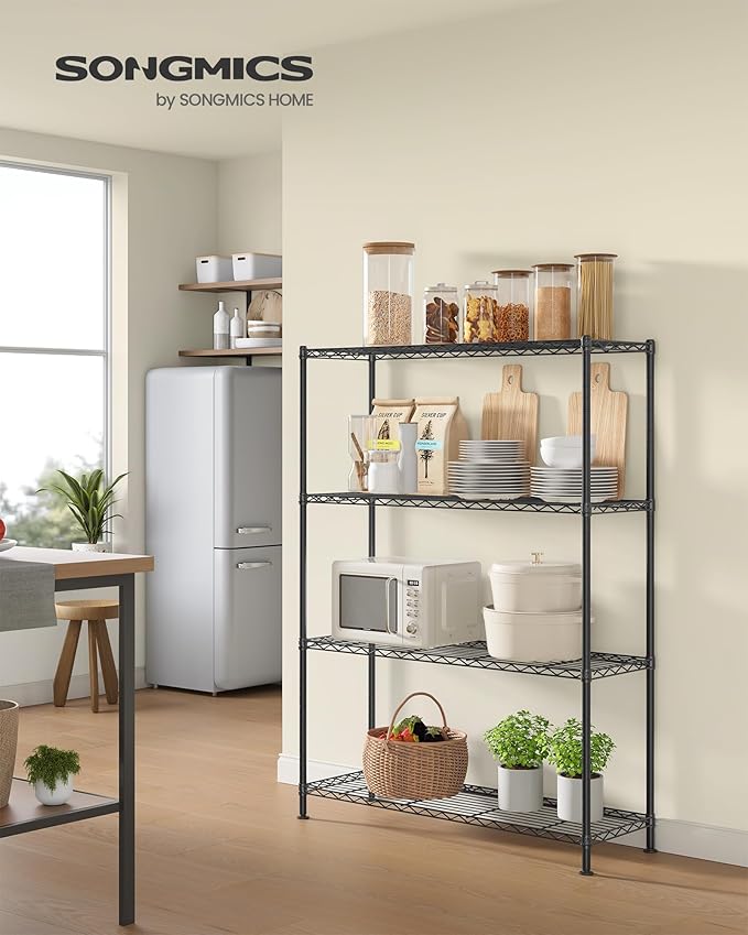 SONGMICS Storage Shelf, Metal Wire Shelving Unit, Adjustable Shelves, for Garage, Bedroom, Living Room, Kitchen, Pantry, 4 Tier, 11.8 x 35.4 x 47.6 Inches, Ink Black ULGR194BH01S