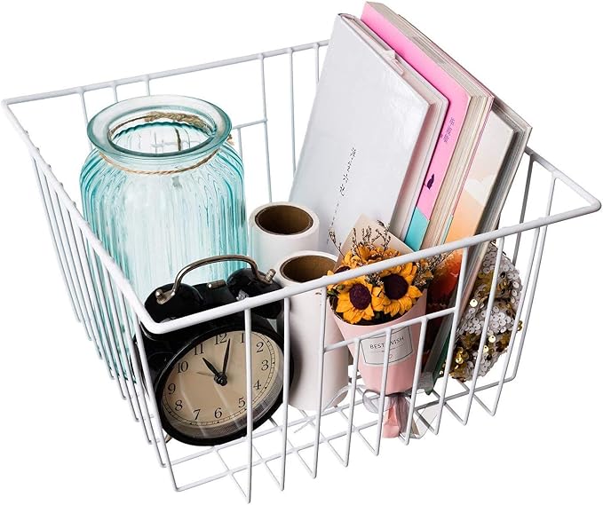 Deep Refrigerator Organizer Baskets, Metal Wire Baskets for Upright Freezer, Household Bin Basket with Handles for Kitchen, Cabinets, Pantry, Closets (11.8" L x 10" W x 7" H)
