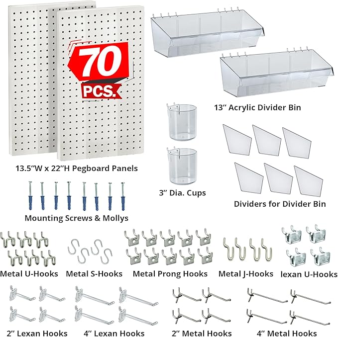 Azar Displays, 900945-WHT, 70 Piece Pegboard Organizer, Wall Mount Peg Board Combination Panel Kit for Bedroom, Craft Room, Study, Office or Garage, Assorted Accessories Hooks and Bins, 27"x22", White
