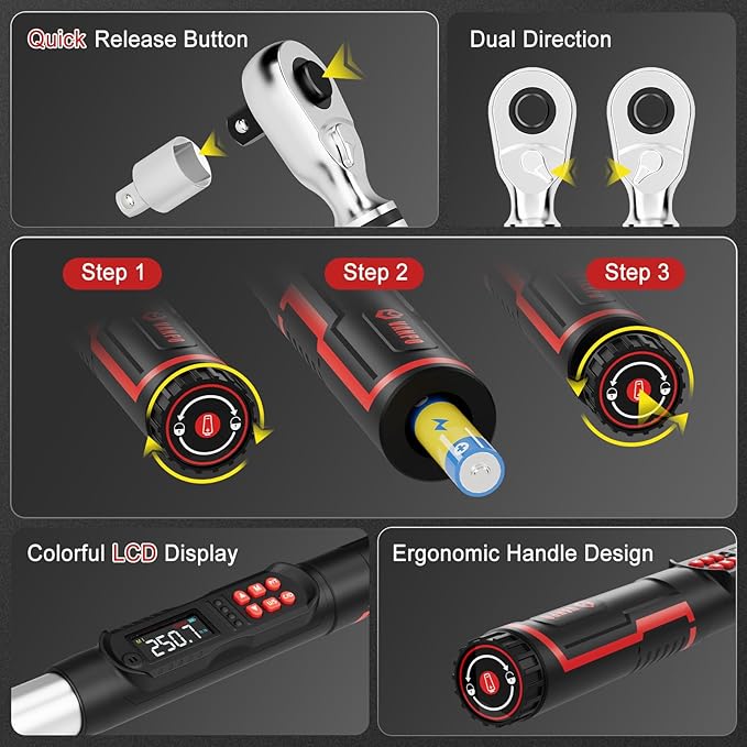 VANPO 1/2-Inch Digital Torque Wrench, 12.5–250.8 ft-lb/17–340 Nm, Precise Electronic Torque Wrench with LCD Display, Audible & Vibration Alert, 4 Units, Peak & Track Mode for Car & Mechanic Repair