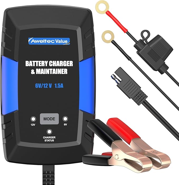 Smart Car Battery Charger,1.5A 6V/12V Automotive Trickle Charger,Tender,Maintainer with Memory Function,LED Light,12FT Cables for Vehicle Lead-Acid & Lithium Batteries