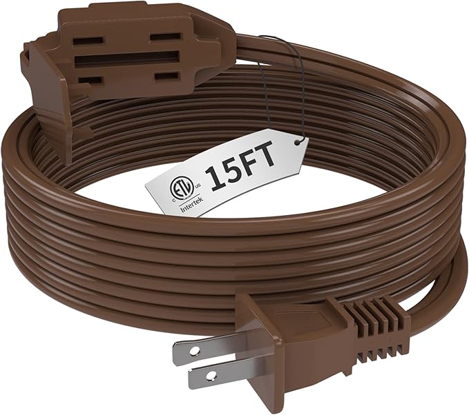 PLUGTUL Indoor Brown Extension Cord 15 Feet, 3-Outlet Household Extension Cord, 2 Prong, 16 Gauge, 3 Polarized Outlets with Safety Cap Protect for Home Office, 16/2 SPT-2 ETL Listed