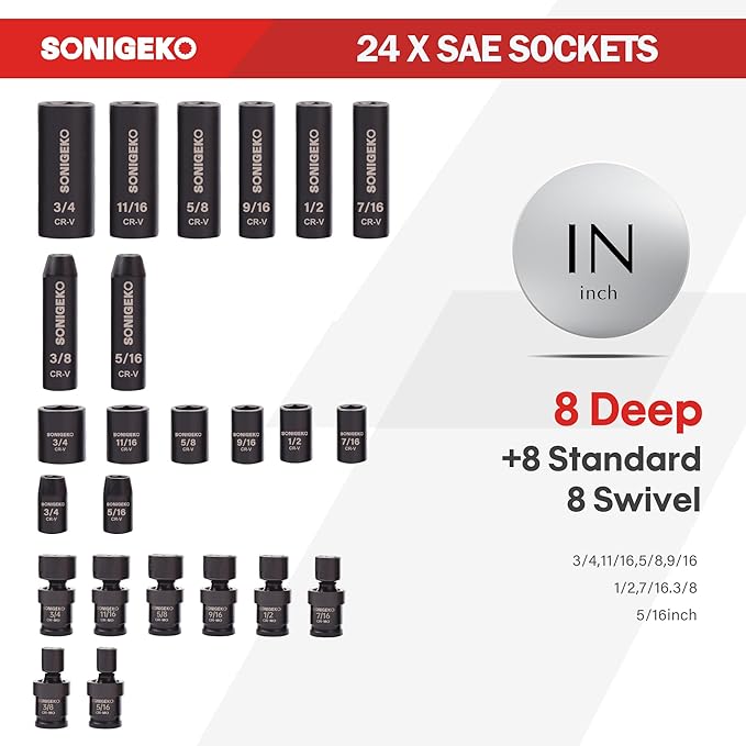 Socket Set 3/8" Impact 67-Piece Metric and Sae 6 Point CR-V Steel Sockets with extension bars, 20-piece Swivel Sockets (Metric and SAE and Swivel, 3/8" Socket set,67pcs)