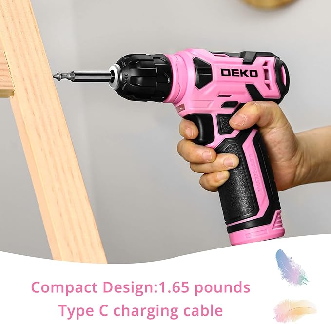 DEKOPRO 8V Cordless Drill, Drill Set with 3/8"Keyless Chuck, 42pcs Acessories, Built-in LED, Type-C Charge Cable, Pink Power Drills for Drilling and Tightening/Loosening Screws