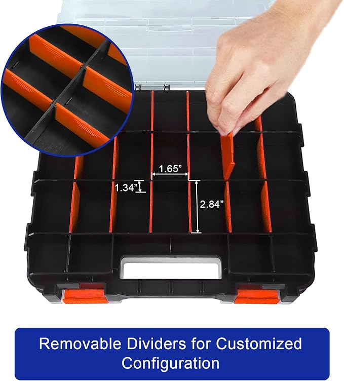Tools Organizer Box Small Parts Storage Box 50-Compartment Double Side Hardware Organizers with Removable Plastic Dividers for Screws, Nuts, Nails, Bolts, Orange
