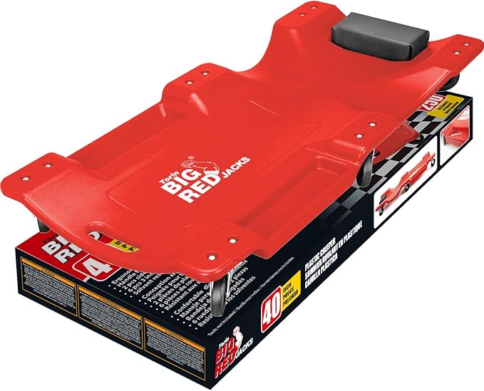 BIG RED TRP6240 Torin Blow Molded Plastic Rolling Garage/Shop Creeper: 40" Mechanic Cart with Padded Headrest, Dual Tool Trays and 6 Casters, Red