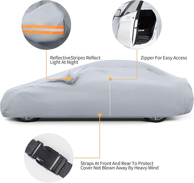 GXT Windproof and Dustproof Car Cover for Outdoor and Indoor, 3 Layers Breathable Heavy Duty Fabric with UV Protection, Universal Fit for Large Sedan 209-224 inch
