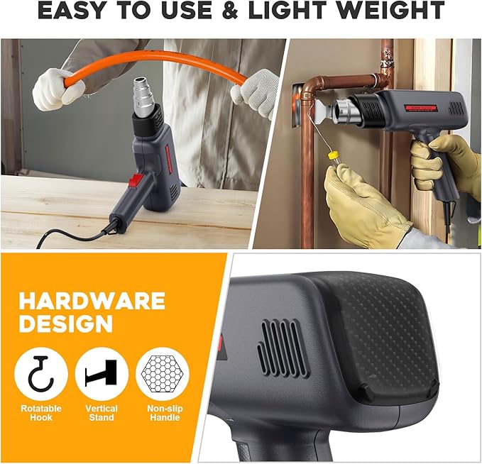 Heat Gun, 1800W Professional Hot Air Gun 400℃ & 600℃ Dual-Temperature Settings, Overload Protection, Double Heating Wire Fast Heating, 6 Accessories for Paint Stripping, Crafts (Black)