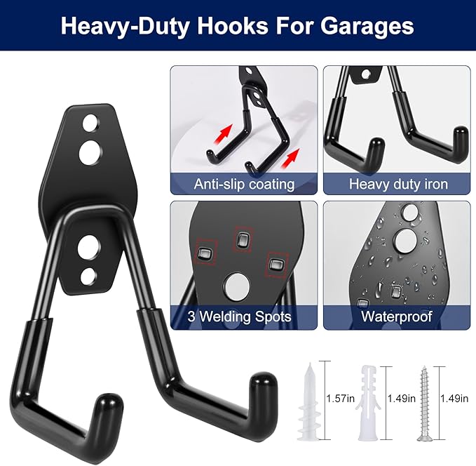 18 Pack Garage Hooks, Anti-Slip Coating, Hooks for Hanging Heavy Duty for Garages, Bicycles, Ladders, Gardening, Tools, Including 3 Organizing Straps