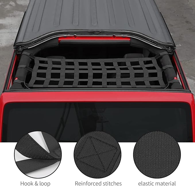 JeCar Mesh Roof Cargo Net Upgrade Roof Hammock Exterior Accessories Compatible with Jeep Wrangler 1987-2023 YJ TJ LJ JK JKU JL JLU JT, Black