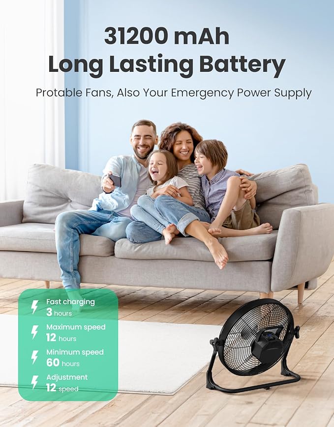 14" Portable Battery Operated Fan, Rechargeable Floor Fan, Hi-Velocity Cordless Camping Fan, USB Phone Charge, 12-60H Runtime, Quiet, Wireless, For Gym Shed Travel Home Outdoor Garage Tent Car Barn