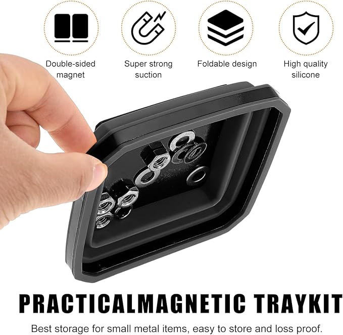 Collapsible Magnetic Parts Tray, 4.5 Inch Foldable Magnetic Square Silicone Tray, Tool Tray Set with Double-Sided Magnetic Base for Screw Bolts Nuts Pins, Car Accessories (Black+Black, 2PCS)