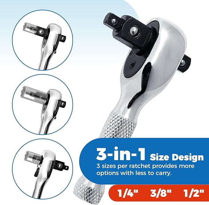 3-in-1 Stubby Ratchet Handle, 1/4 ", 3/8 ", 1/2" Drive Ratchet Wrench, 72-Tooth, Reversible Switch, Full-Polished Chrome Plating, Chromium Vanadium Steel