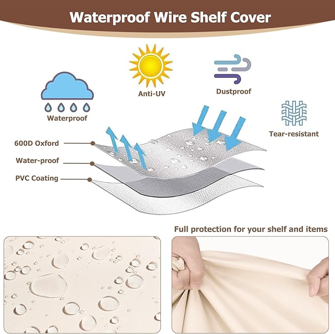 Rileytee Wire Shelf Cover,Heavy Duty 600D Dustproof Waterproof Shelf Covers for Wire Shelving,Outdoor Storage Rack Cover for Rack with Zipper,36"W x 24"D x 72"H,(Beige & Brown)