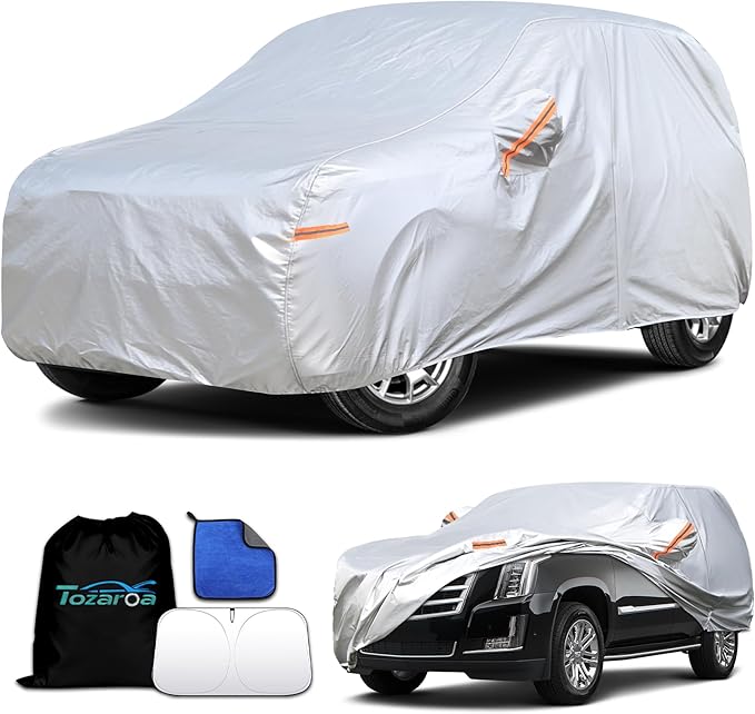 Car Cover Waterproof All-Weather,Heavy-Duty Outdoor Full Exterior Automobiles Snow Cover for SUV 219-234 inch,with Sun Visor,Anti-Scratch Cotton Lining & Zippered,Towel&Storage Bag