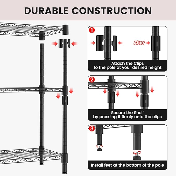 Xcity Storage Shelves, 3 Tier Heavy Duty Metal Shelving Unit, 1200 LBS Capacity Adjustable Steel Wire Shelf Organizer for Pantry, Kitchen, Garage, 14" D x 36" W x 36" H, Black