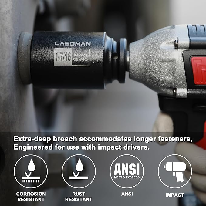 CASOMAN 1/2-Inch Drive Deep Spindle Axle Nut Impact Socket Set, Inch, Cr-Mo, 6-Point, 1-3/8-Inch - 1-3/4-Inch, 7 Piece Axle Socket Set
