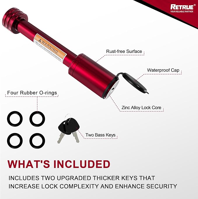 RETRUE Trailer Hitch Receiver Pin Lock - Black, 2 Inch Receiver, 5/8" Dia Hitch Lock for Securely Locking Trailer Hitch with Two Keys, Red