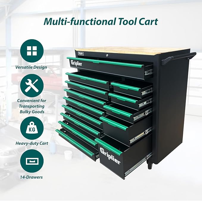 14-Drawers Rolling Tool Chest with Wood Workbench,Brake Casters,Lock & Key,Heavy-Duty Steel Tool Cabinet Storage, for Home,Garbge or Workshop Use (14 Drawers)