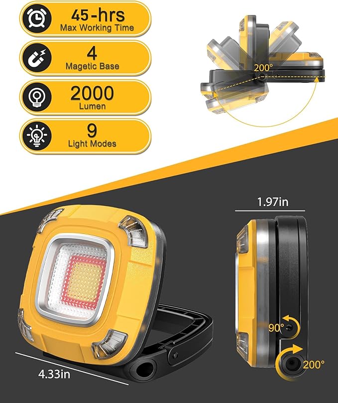 2000LM Magnetic Work Light Rechargeable with 9 Modes, IPX5 Waterproof with Camping Light, Foldable, Emergency & Car Repair (6000mAh)