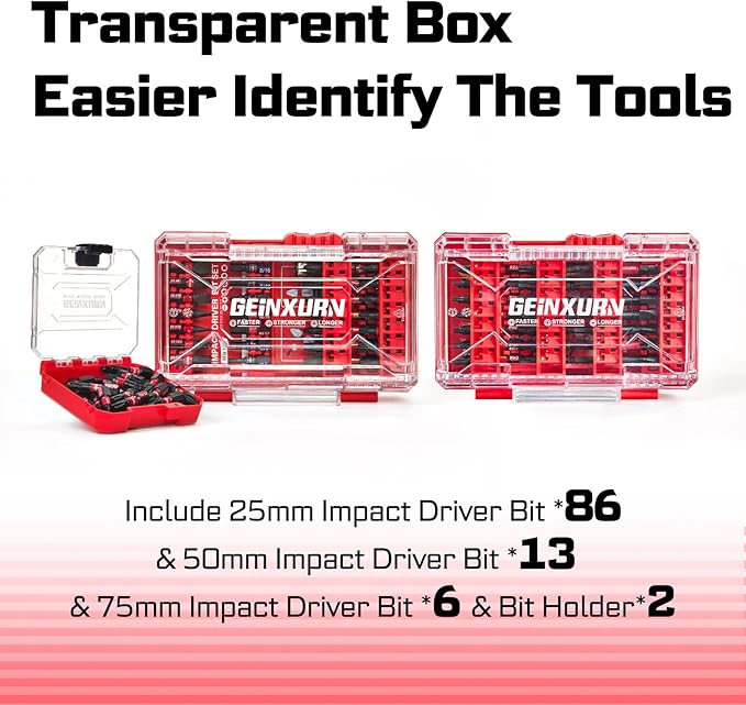 Geinxurn 107Pieces Impact Screwdriver Bits Set, Magnetic S2 Steel 1”/2”3”Phillips/Square/Torx/Slotted/Hex/Pozi Bits Tips and Impact Bit Holder with Storage Box Case