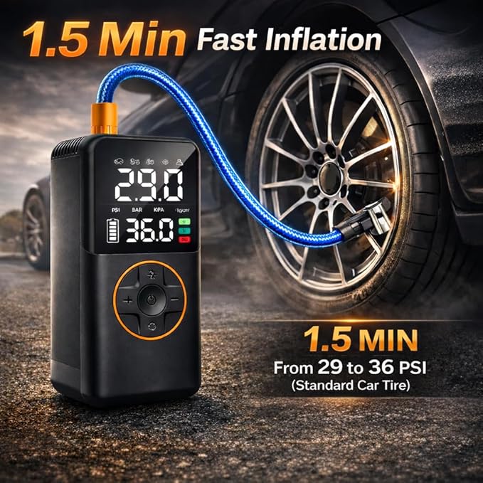 Tire Inflator Portable Air Compressor, 150PSI Cordless Electric Bike Pump, Portable Tire Inflator with LCD Pressure Gauge & LED Light, Portable Air Pump for Car, Motorcycle, Bicycle, Balls
