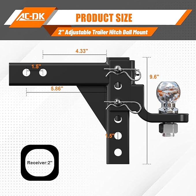 AC-DK Adjustable Trailer Hitch for 2 inch Receiver,9-1/2" Drop & 8-1/4" Rise,Tow Hitch with 2 inch Ball,7500 LBS GTW/750 LBS TW, Includes 2 Pin&Clips and 5/8" Pin Lock